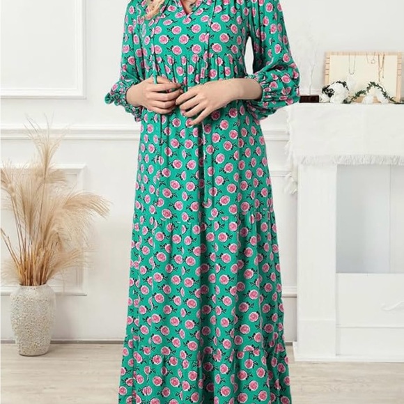 Dokotoo Women Boho Maxi Dress, V Neck, Long Puff Sleeve, Smocked Ruffle Flow - Picture 4 of 7